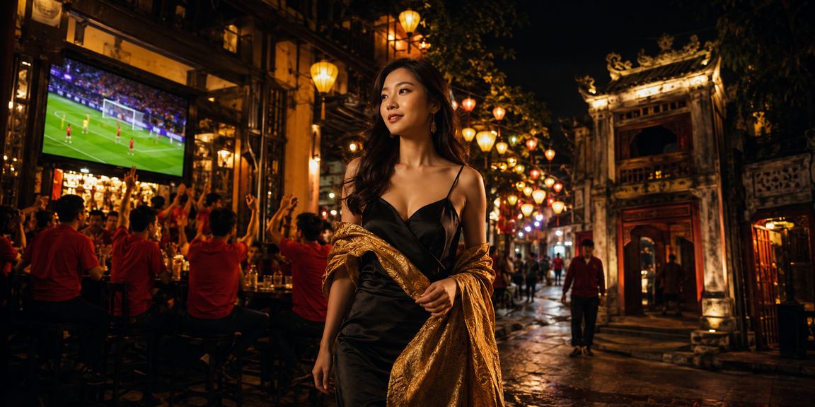 Cảnh đêm Hà Nội với người dùng theo dõi thể thao và đặt kèo trực tuyến